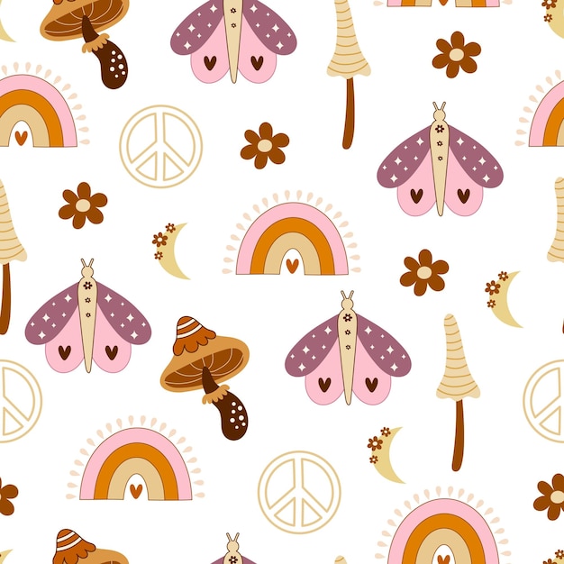 groovy seamless pattern with cartoon butterflies,  mushroom, rainbows