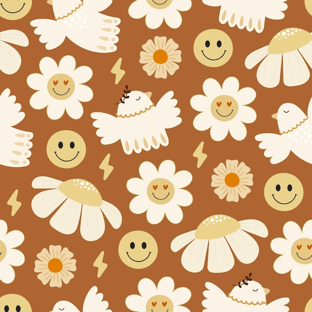 groovy seamless pattern with cartoon peace sign, birds, flowers