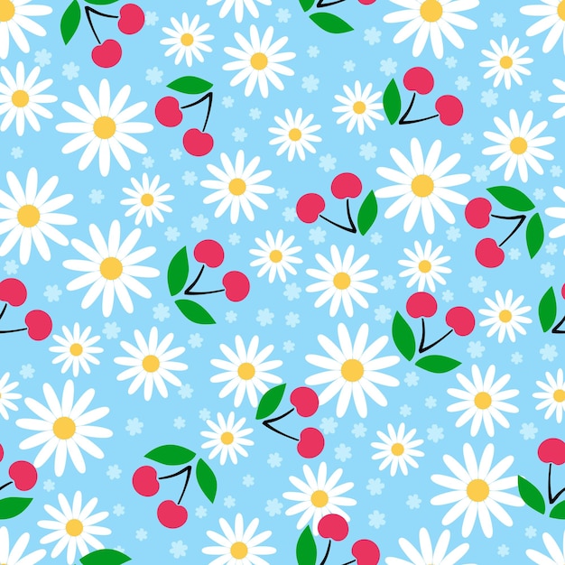 Groovy seamless pattern with cherry and daisy