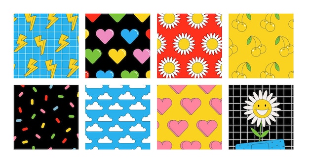 Groovy seamless patterns with funny happy daisy wave chess rainbow in trendy retro y2k style