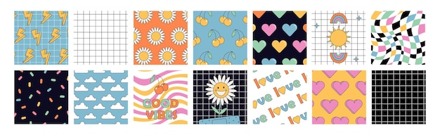 Groovy seamless patterns with funny happy daisy wave chess rainbow in trendy retro y2k style