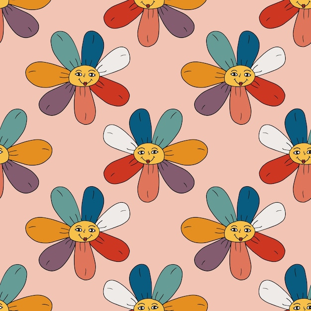 Groovy Smiley  Hippie Flower seamless pattern. Positive 70s retro smiling daisy flower print.