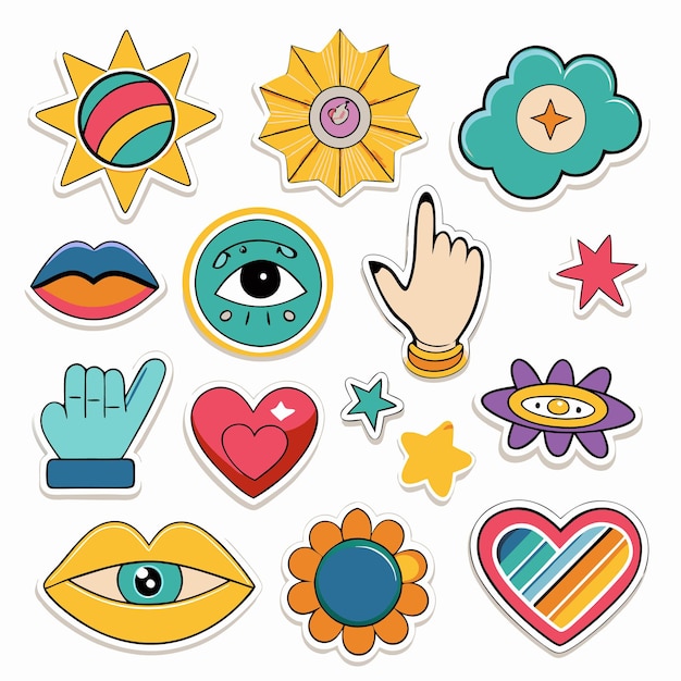 Vector groovy stickers colorful retro and fun for your designs