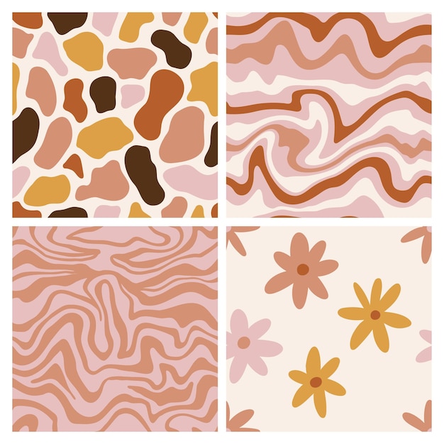 Groovy summer retro pattern set floral marble