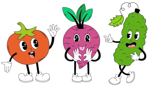 Groovy vegetables set Hand draw Funny Retro vintage trendy style vegetables cartoon character