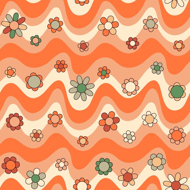 Groovy waves and daisy flowers seamless pattern psychedelic vector background in hippie style