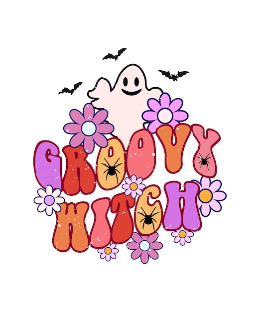 groovy witch lettering with boo halloween design