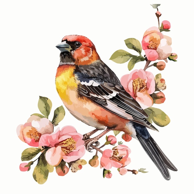 Grosbeak Floral Handdrawn Watercolor Illustration