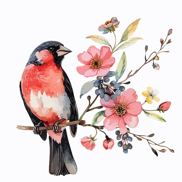 Grosbeak Floral Handdrawn Watercolor Illustration