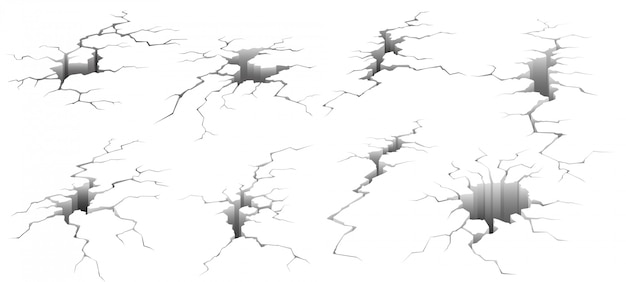 Ground cracks. Earthquake crack, hole effect and cracked surface   illustration set