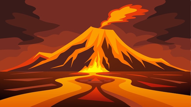 Vector the ground rumbles beneath your feet as molten lava flows down the side of the volcano creating a fiery river