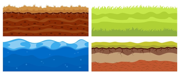 Vector ground sand soil water and grass layers desert game surface type of nature dune gravel landscape different pieces geology underground lands collection vector texturebackgrounds