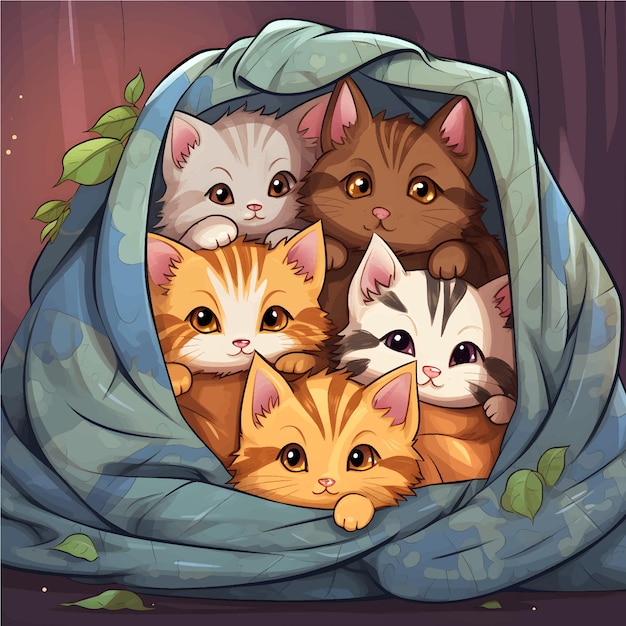 A group of adorable kittens cuddled up together in a cozy blanket fort vector