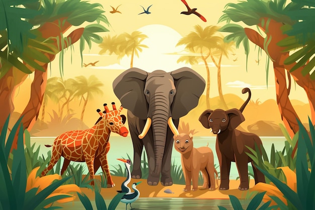 Vector group of african animals in jungle