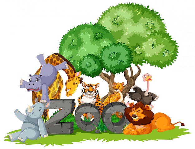 Group of animals under the tree with zoo sign