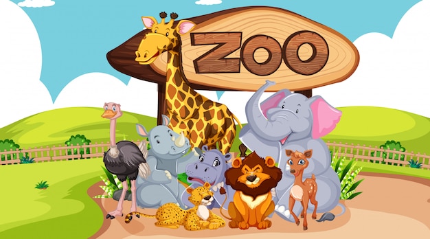 Group of animals with zoo sign