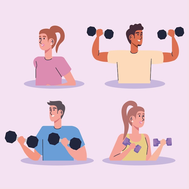 Group of athletes lifting dumbells stronge characters illustration design