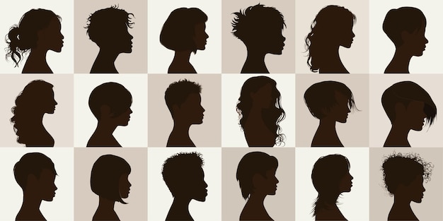 Group black profile silhouette set with female haircut Collection face anonymous portrait women