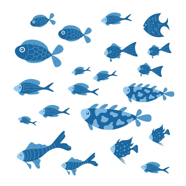 Group of blue sea fish A shoal of fish hand drawn Set of large and small marine fish Cartoon nautical characters is isolated on a white background Underwater environment vector illustration