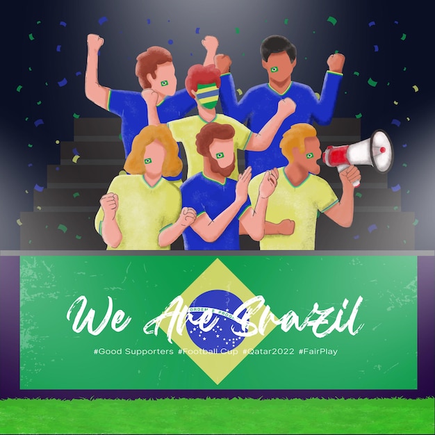 Vector group of brazil football supporters fans are cheering and support their team victory in qatar 2022