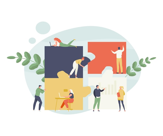 Group of business people adds puzzle Teamwork and collaboration vector