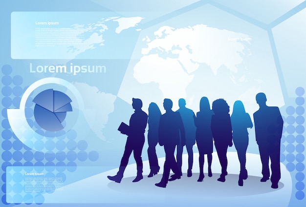 Group Of Business People Silhouette Walking Over World Map Background Businesspeople Team Concept