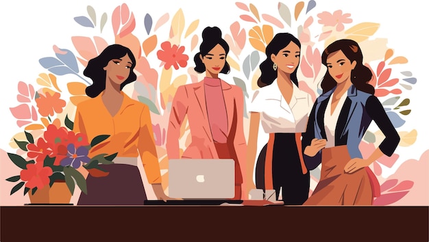 Vector group of businesswomen working at the office flat vector illustration