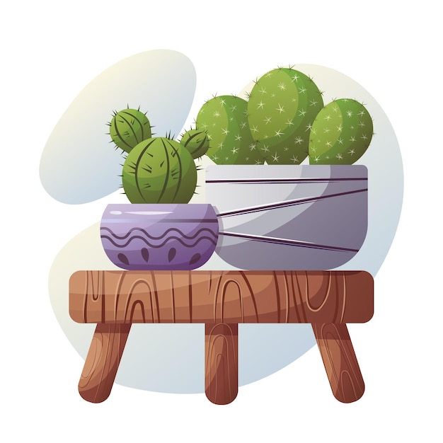 Vector group of cacti on a wooden stand