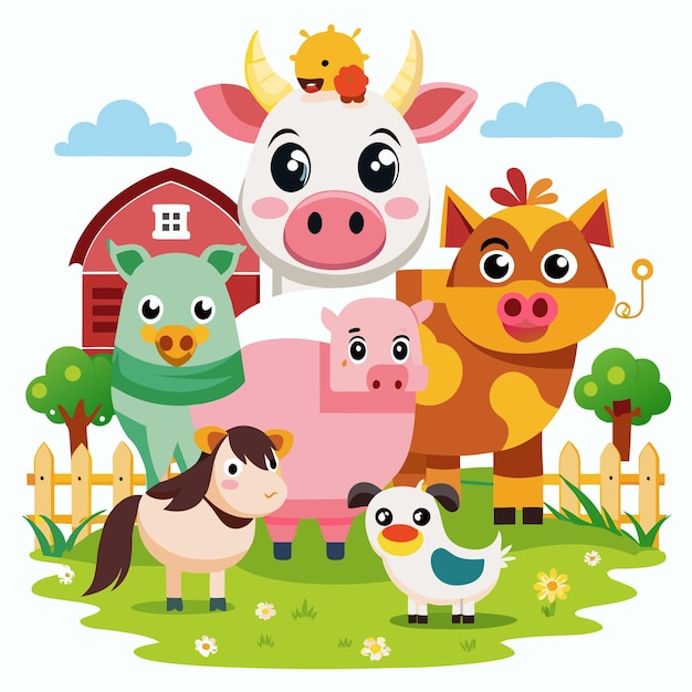 A group of cartoon farm animals including a cow pig pony and a chicken standing in a green field near a barn