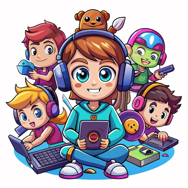 Vector a group of cartoon kids wearing headphones and using electronics