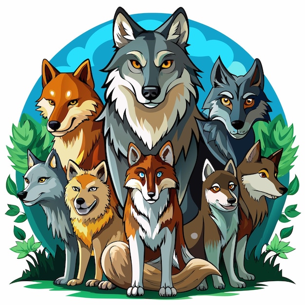 Group of Cartoon Wolves Surrounded by Green Foliage