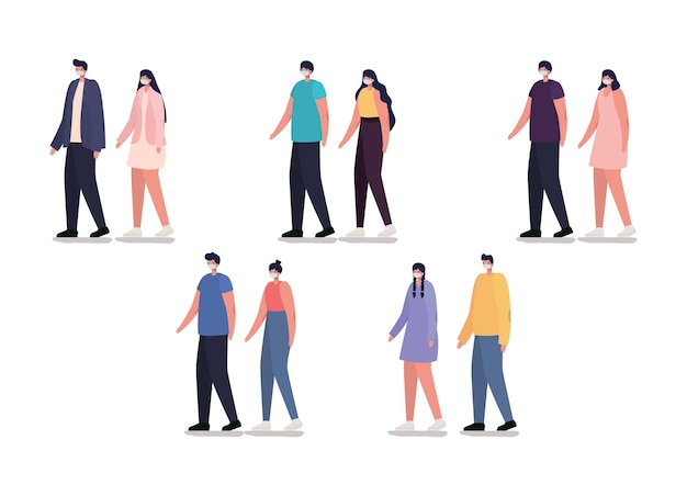 Group of casual people with safety mask illustration design