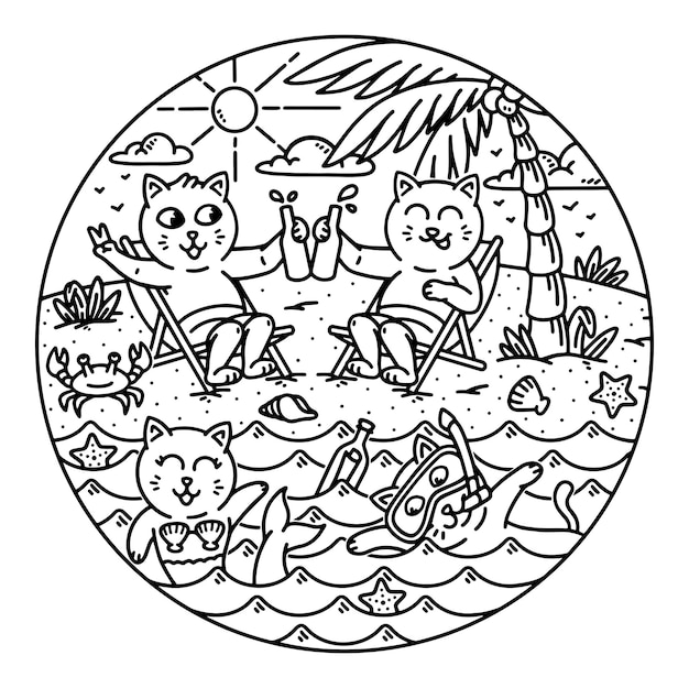 A group of cats doing activities on the beach line illustration