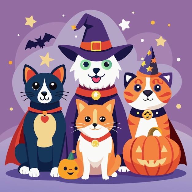 Vector a group of cats with a witch hat and a witch hat