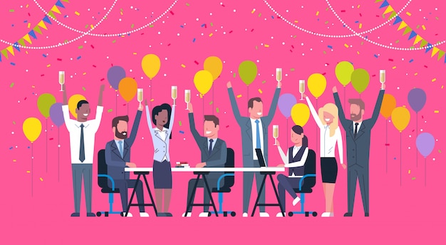 Group Of Cheerful Diverse Business People Celebration Success Happy Mix Race Team Hold Raised Hands Sitting At Decorated Office Desk