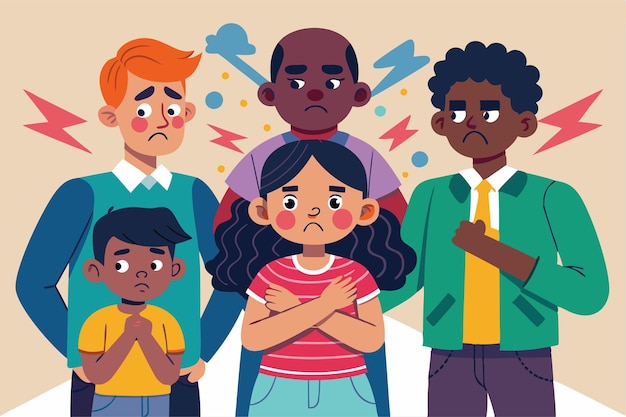 Vector a group of children and adults express concern and sadness over incidents of racism and bullying customizable cartoon illustration depicting racist bullying