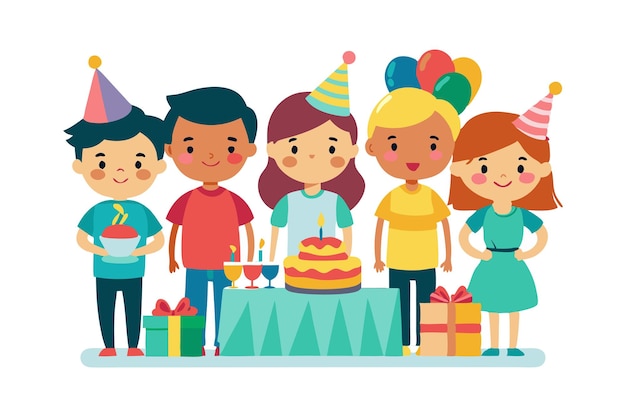 Vector a group of children are standing around a birthday cake with candles