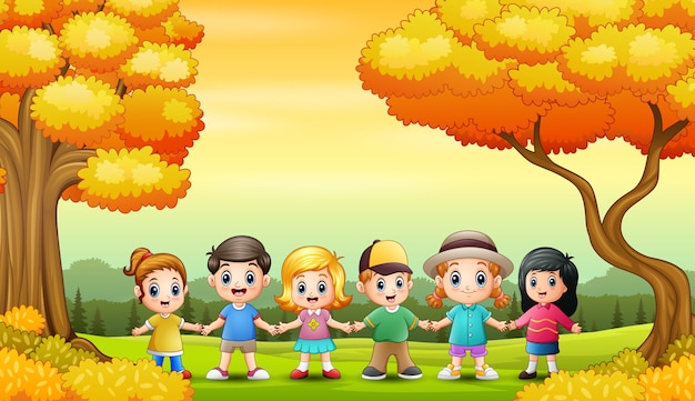 Group of children in the autumn background