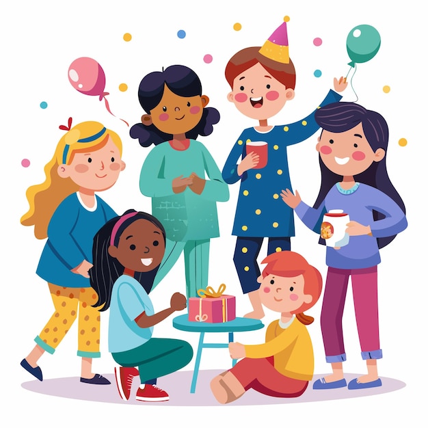 Group of children celebrating a birthday with a gift and balloons