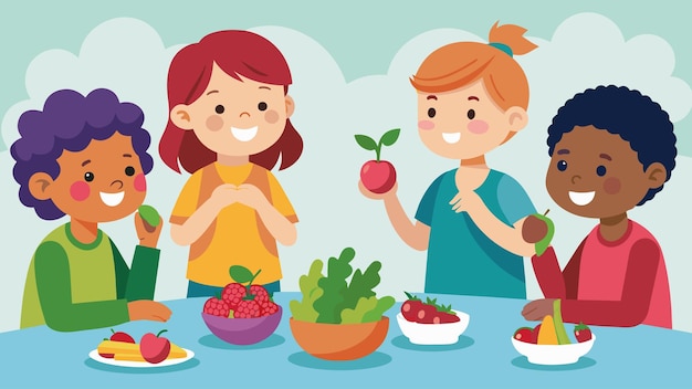 A group of children gathered around a table eagerly tasting the fruits or vegetables of their labor