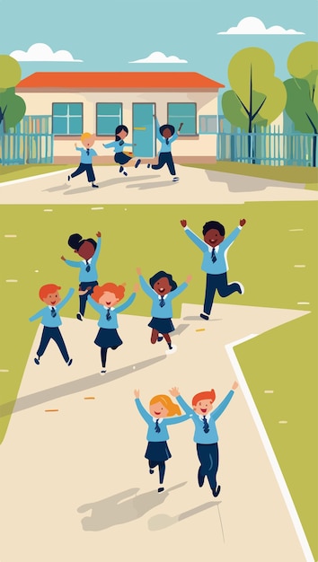 Vector group of children playing outdoors at school