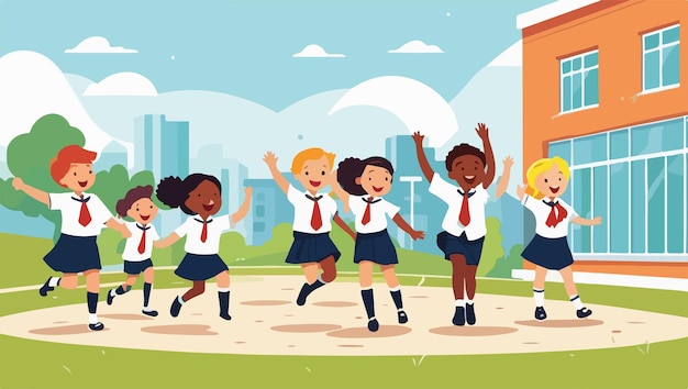 Vector group of children playing outdoors in the schoolyard