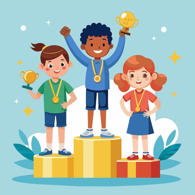 a group of children standing on top of a podium with a trophy and the word quot kids quot on it