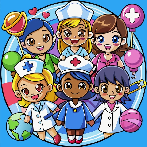 Vector a group of children with a nurse and a doctor in a circle