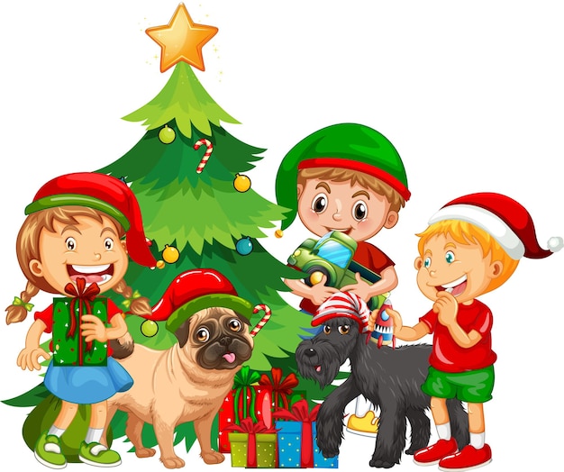 Group of children with their dog wearing Christmas costume on white background