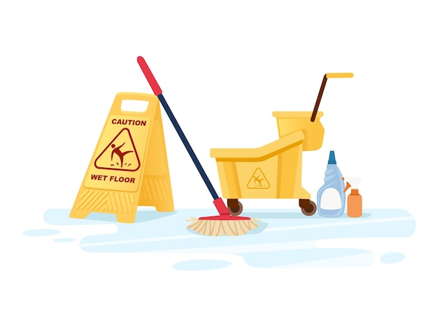 Group of cleaning tools wet floor sign mop bucket and chemical cleaning supplies flat vector illustration on white background