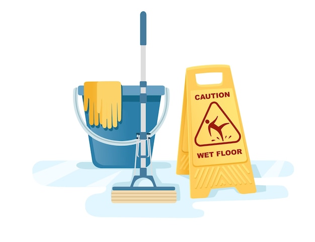 Group of cleaning tools wet floor sign mop bucket cleaning supplies flat vector illustration on white background