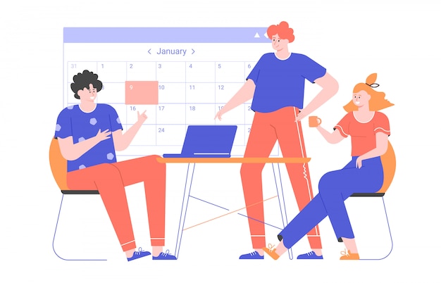 Group of colleagues at a meeting. The guy and the girl at the desktop with a laptop. The boss is standing nearby. Big calendar. Approval of terms of work, discussion of the project, deadline. Vector