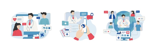 Group of colored cartoon characters getting online medical support Doctors providing modern healthcare services via Internet Meeting with therapists using video calls Vector