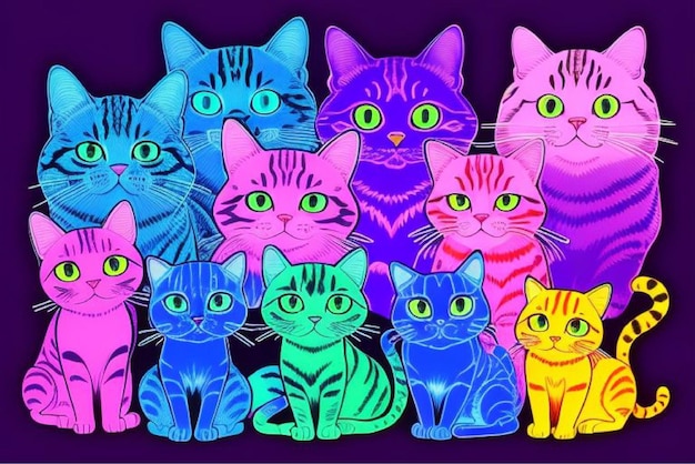 a group of colorful cats with one of them has a purple background